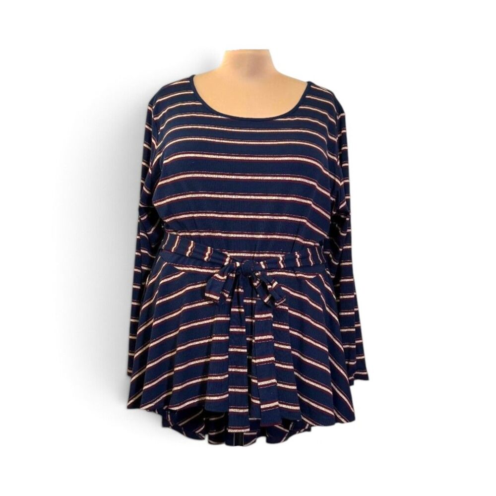 ASHLEY STEWART Navy Blue Striped Peplum Top, NWT! Size 26/28